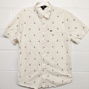 Volcom Men's Cream Button Down Short Sleeve Size XL Collared Shirt All Over Logo